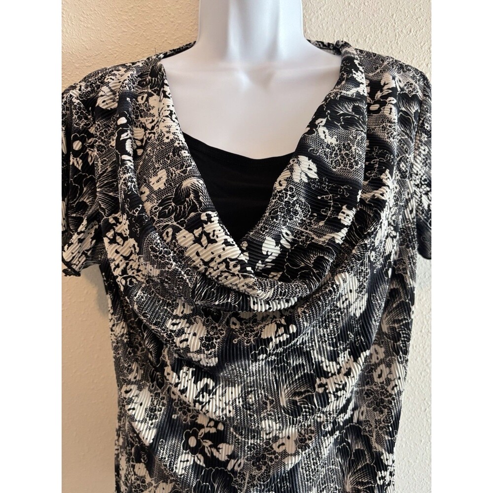 Brittany‎ Black Floral Plissé Cowl Neck Blouse Mock Wrap Top - Women's - Picture 4 of 6